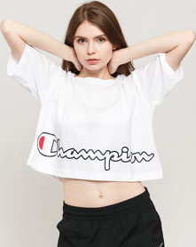 Champion Cropped Script Logo Print Boxy T-Shirt bílé L