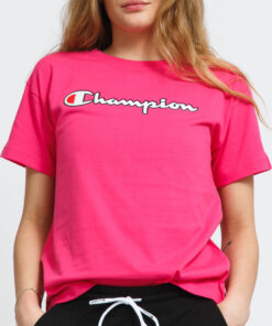 Champion Vintage Script ogo Crew Neck T-Shirt tmavě růžové