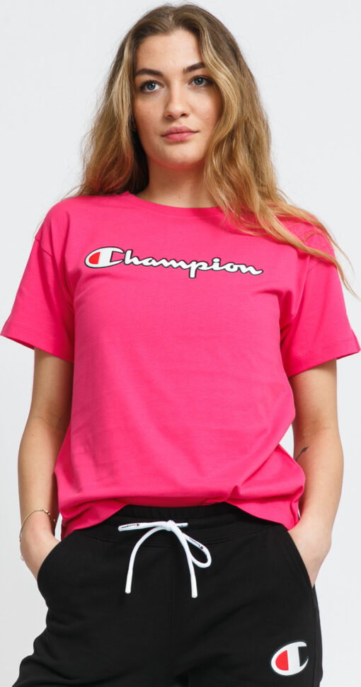 Champion Vintage Script ogo Crew Neck T-Shirt tmavě růžové