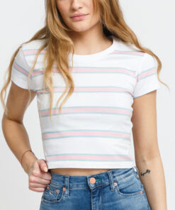 Urban Classics adies Stripe Cropped Tee bílé / růžové / světle modré