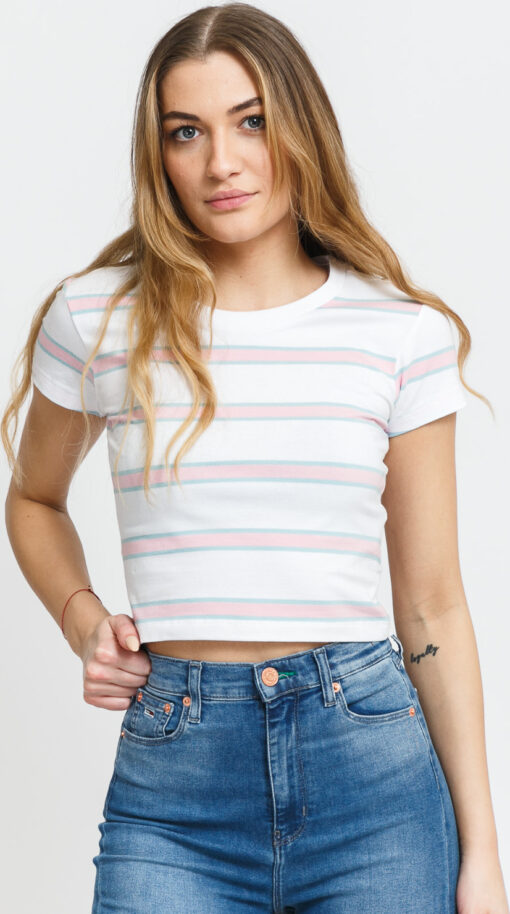 Urban Classics adies Stripe Cropped Tee bílé / růžové / světle modré